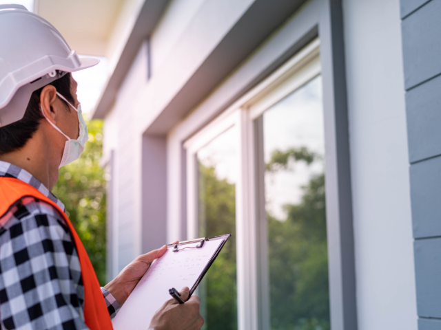 Inspector in a hard hat noting findings on a clipboard beside a window